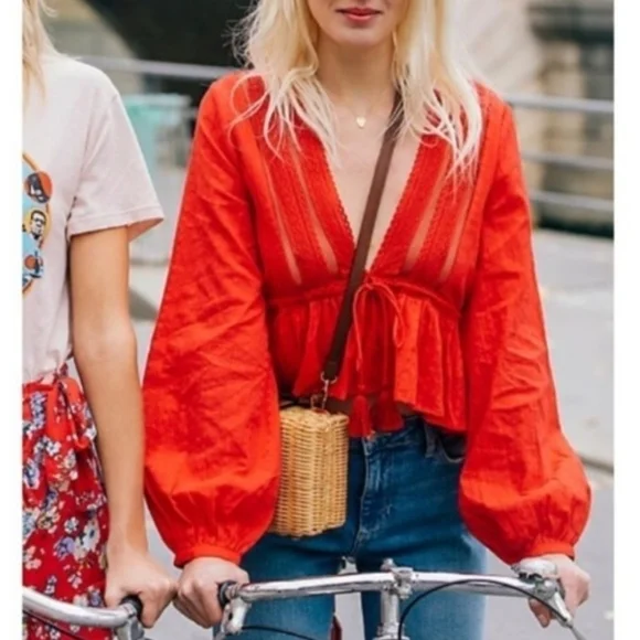 free PEOPLE oberoi red deep v neck boho blouse - Picture 1 of 11